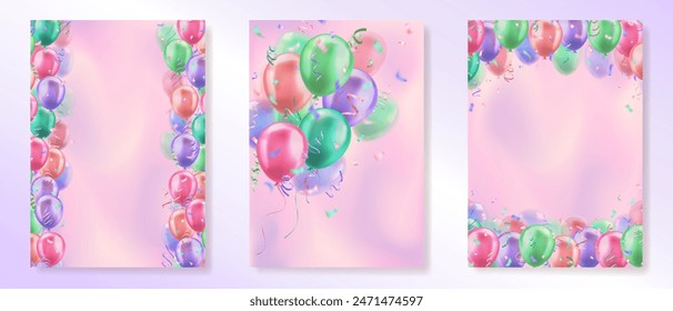 Conjunto de Anuncios de Vertical con globos brillantes de colores realistas 3d y decoración de confeti con espacio en blanco para texto de saludo. Diseño de carteles para cumpleaños, fiesta de celebración, venta, apertura, invitación