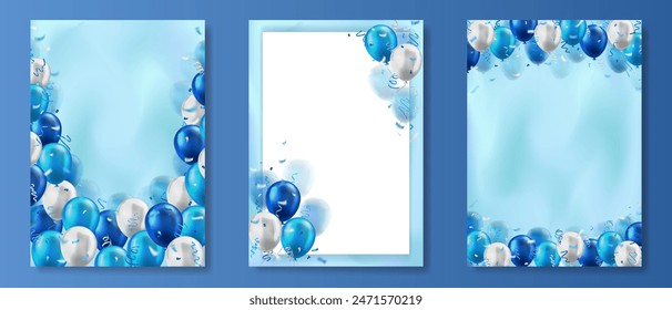 Set of vertical banners with 3d realistic blue and white glossy balloons and confetti ribbons decoration with blank space for greeting text. Posters design for birthday, celebration party, invitation