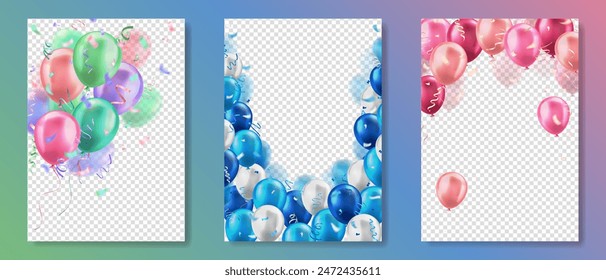 Set of vertical banners with 3d realistic colorful glossy balloons and confetti decoration on transparent background. Greeting card design for birthday, celebration party, sale, opening, invitation