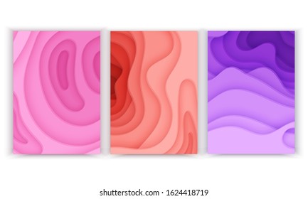 Set of Vertical banners a4 format with 3D abstract background and paper cut shapes. Design layout for business presentations, flyers, posters and invitations. Colorful carving art, Vector eps 10 illus