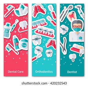 Set of Vertical Banners about Dentistry with Flat Sticker Icons. Vector illustration. Dental Care, Orthodontics and Dentist. 