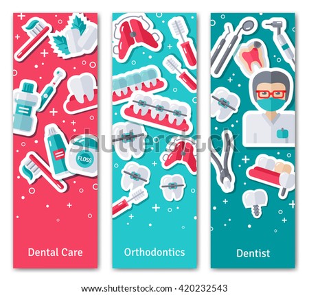Set of Vertical Banners about Dentistry with Flat Sticker Icons. Vector illustration. Dental Care, Orthodontics and Dentist. 