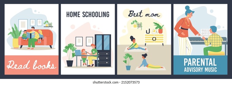 Set of vertical banners about parents and children relationships, home learning flat style, vector illustration. Mom and daughter do sports, father reads book for kids, grandma teach play the piano