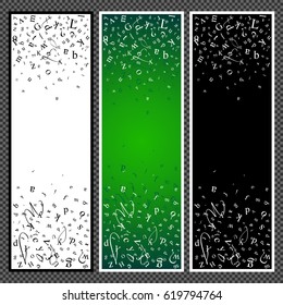 Set of vertical banners. Abstract backgrounds of alphabet symbols. Studying and learning concept. Vector illustration.