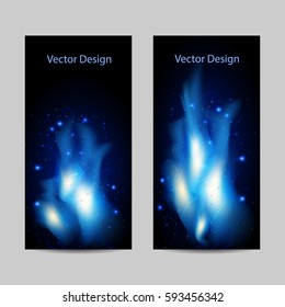 Set of vertical banners with abstract blue fire on black background.