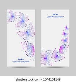 Set of vertical banners. Abstract geometric pattern with connected lines and dots in a shape of butterflies.