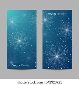 Set of vertical banners. Abstract geometric background with connected lines and dots in a shape of snowflakes. Vector illustration.