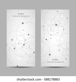 Set of vertical banners. Abstract geometric background with connected circles and dots in a shape of flowers. Vector illustration.