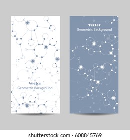 Set of vertical banners. Abstract geometric background with connected lines, circles and dots. Vector illustration.