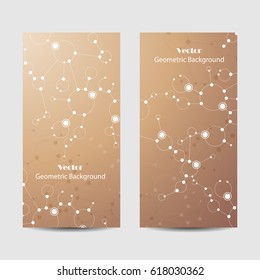 Set of vertical banners. Abstract geometric background with connected lines, circles and dots. Vector illustration on brown background.