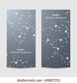 Set of vertical banners. Abstract geometric background with connected lines, circles and dots. Vector illustration on blue background.