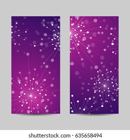Set of vertical banners. Abstract geometric background with connected lines and dots in a shape of fireworks. Vector illustration.