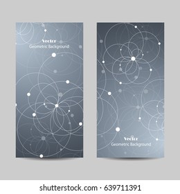 Set of vertical banners. Abstract geometric background with connected circles and dots. Vector illustration.