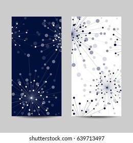 Set of vertical banners. Abstract geometric background with connected lines and dots in a shape of fireworks. Vector illustration.