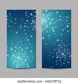 Set of vertical banners. Abstract geometric background with connected lines and dots in a shape of fireworks. Vector illustration.