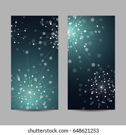 Set of vertical banners. Abstract geometric background with connected lines and dots in a shape of fireworks. Vector illustration.