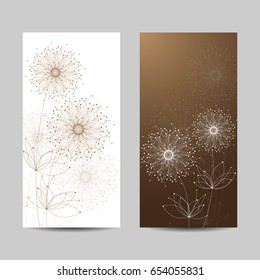 Set of vertical banners. Abstract geometric background with connected lines and dots in a shape of flowers. Vector illustration.