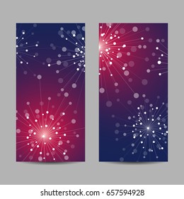 Set of vertical banners. Abstract geometric background with connected lines and dots in a shape of fireworks. Vector illustration.