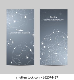 Set of vertical banners. Abstract geometric background with connected circles and dots. Vector illustration.
