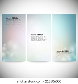 Set of vertical banners. Abstract multicolored defocused lights background vector illustration.