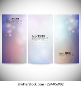 Set of vertical banners. Abstract multicolored defocused lights background vector illustration.