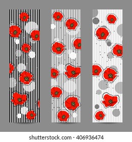 Set of vertical banners with abstract red poppy flowers and circles on striped background for use in your design.