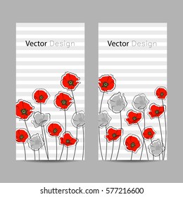 Set of vertical banners. Abstract red and gray poppy flowers on striped background.