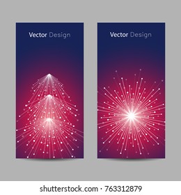Set of vertical banners. Abstract snowflake and fir tree made of connected lines and dots.