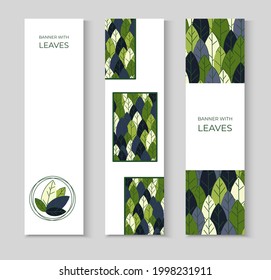 Set of vertical banners for advertising, invitations, internet sites from colorful leaves. Spring background for sales. Geometric flat design. Place for your text. Vector illustration
