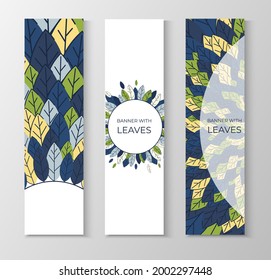 Set of vertical banners for advertising, invitations, internet sites from colorful leaves. Summer background for sales. Geometric flat design. Place for your text. Vector illustration