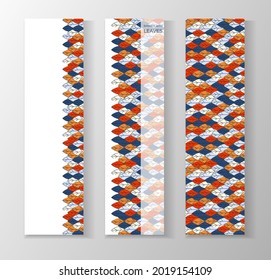 Conjunto de banners verticales para publicidad, invitaciones, sitios de internet a partir de hojas coloridas. Fondo de otoño para las ventas. Diseño plano geométrico. Coloca tu texto. Ilustración del vector