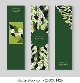 Set of vertical banners for advertising, invitations, internet sites from colorful leaves. Summer background for sales. Geometric flat design. Place for your text. Vector illustration