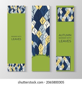 Set of vertical banners for advertising, invitations, internet sites from colorful leaves. Spring background for sales. Geometric flat design. Place for your text. Vector illustration