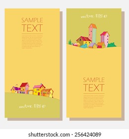set of vertical banners with architectural buildings. Templates of forms to advertise real estate. protection of the environment. several vector rural landscape.