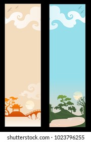 Set of Vertical banners. Asian Landscape with traditional architecture.