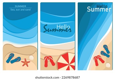 Set of vertical banners. Background for social networks, flyers, booklets, invitations, travel packages. Banners for print and online advertising. For instagram stories with beach, sand and sea