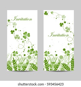 Set of vertical banners. Beautiful green grass, circles and flying ribbons with clover isolated on white background.
