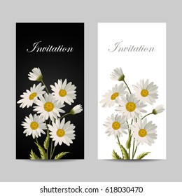 Set of vertical banners. Beautiful white daisies on white and black backgrounds.