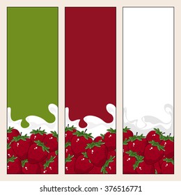 Set of  Vertical  Banners with Berry Strawberry in Creamed , Bright  Colorful Banners with Fruit Strawberry in Sour Cream in Milk,  Vector Illustration