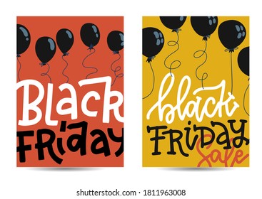 Juego de banderas verticales con el concepto de Black Friday con globos negros y con fondo rojo y amarillo con venta de letterinf. Ilustración vectorial en estilo plano