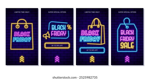 Set of vertical banners for Black Friday stories. Vector banners with neon design for promoting sales, retail events, and special discounts with a vibrant, eye catching style