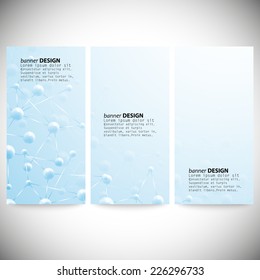 Set of vertical banners. Blue Abstract background, molecule structure vector illustration.