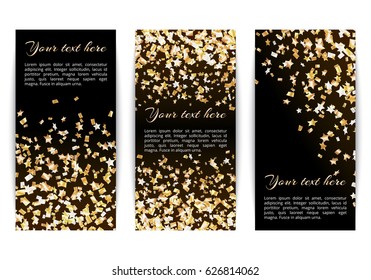 Set of vertical banners with bright golden stars of confetti on a dark background
