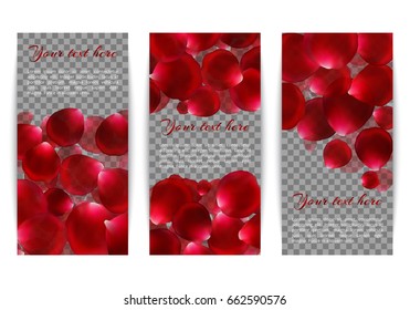 Set of vertical banners with bright rose petals floating on a transparent background. Design for love congratulations. Romantic vector ornaments.