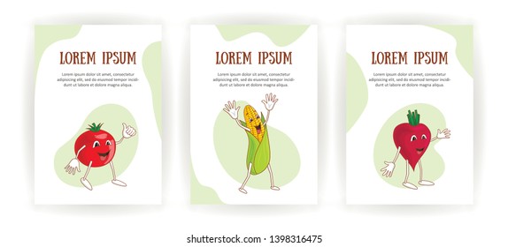 Set vertical banners cheerful emotional vegetables in cartoon style with outlines on white background. Ripe tomato, corn and beet with a smile and open arms. Vector illustration