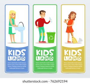 Set of vertical banners with children characters doing household chores washing dishes, sweeping the floor, throwing away plastic bottles. Vector illustration