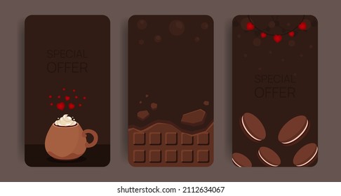 Set of vertical banners with chocolate and big hot drink cup. Valentines flyer design. Advertisign template. Stories desing pack. Heart decorations
