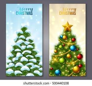 Set of Vertical Banners with Christmas trees. Colorful baubles and gold star on the top. Forest Spruce in Snow. Vector illustration. Glowing festive background with light beams and sparks