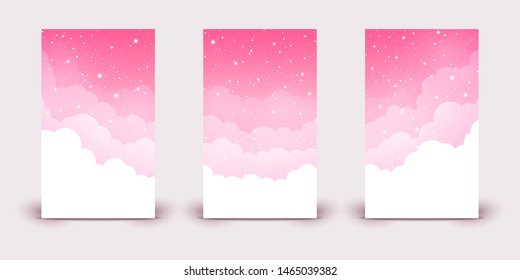 Set of vertical banners with clouds and shiny stars on pink sky