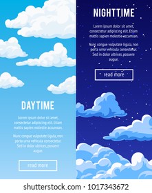 Set of vertical banners with a cloudy sky. Templates design banners with clouds. Day and night time. Vector illustration.